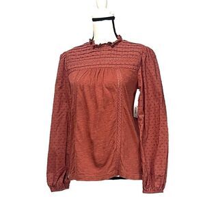 Caslon Pintuck Lace Detail Long Sleeve Cotton Blouse, Brown Mahagony, XS